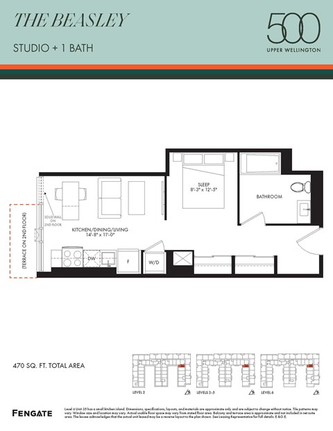 Floor plan for studio, 1 bath, 470 sqft